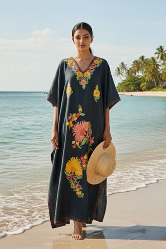 Women's Black Cotton Maxi Kaftan – Oversized Boho Summer Dress for Effortless Style L-2X